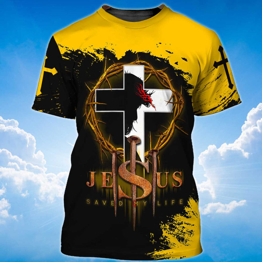 FUNSTUFFPRINT Jesus Christ Saved My Life Shirt Men Women Yellow And Black Color 3D T-shirt