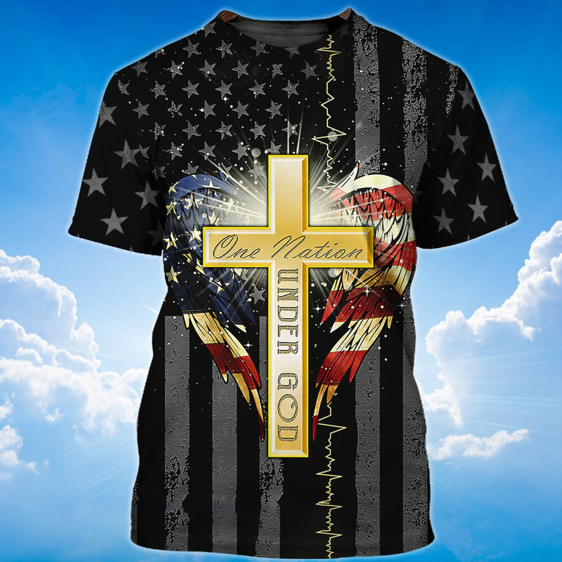 FUNSTUFFPRINT One Nation Under God Wing And American Flag T-Shirt Patriotic Usa Shirt 3D T-shirt