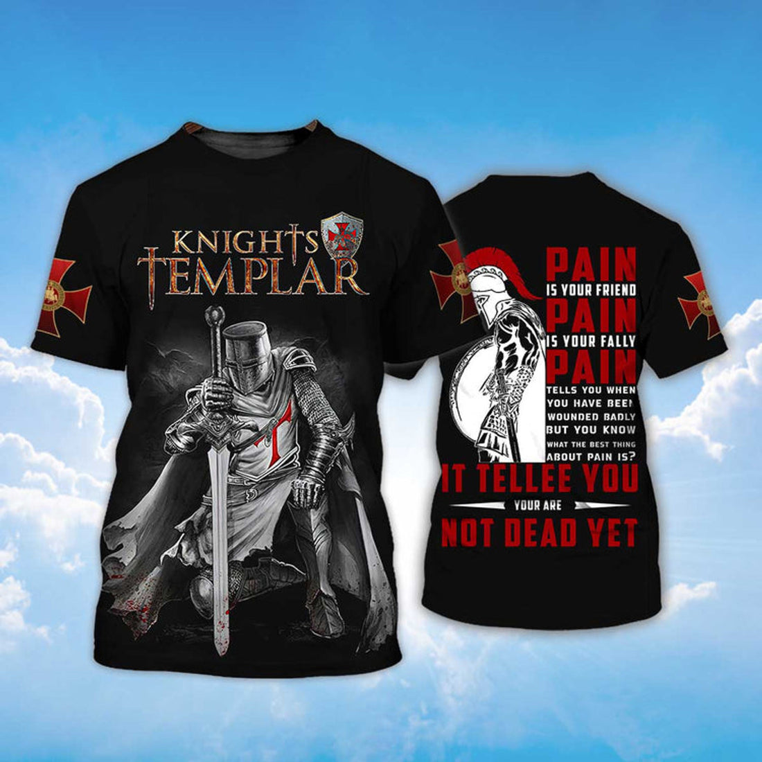 FUNSTUFFPRINT Knights Templar Pain Is Your Friend T-Shirt Templar Warrior Shirt Men Women 3D T-shirt