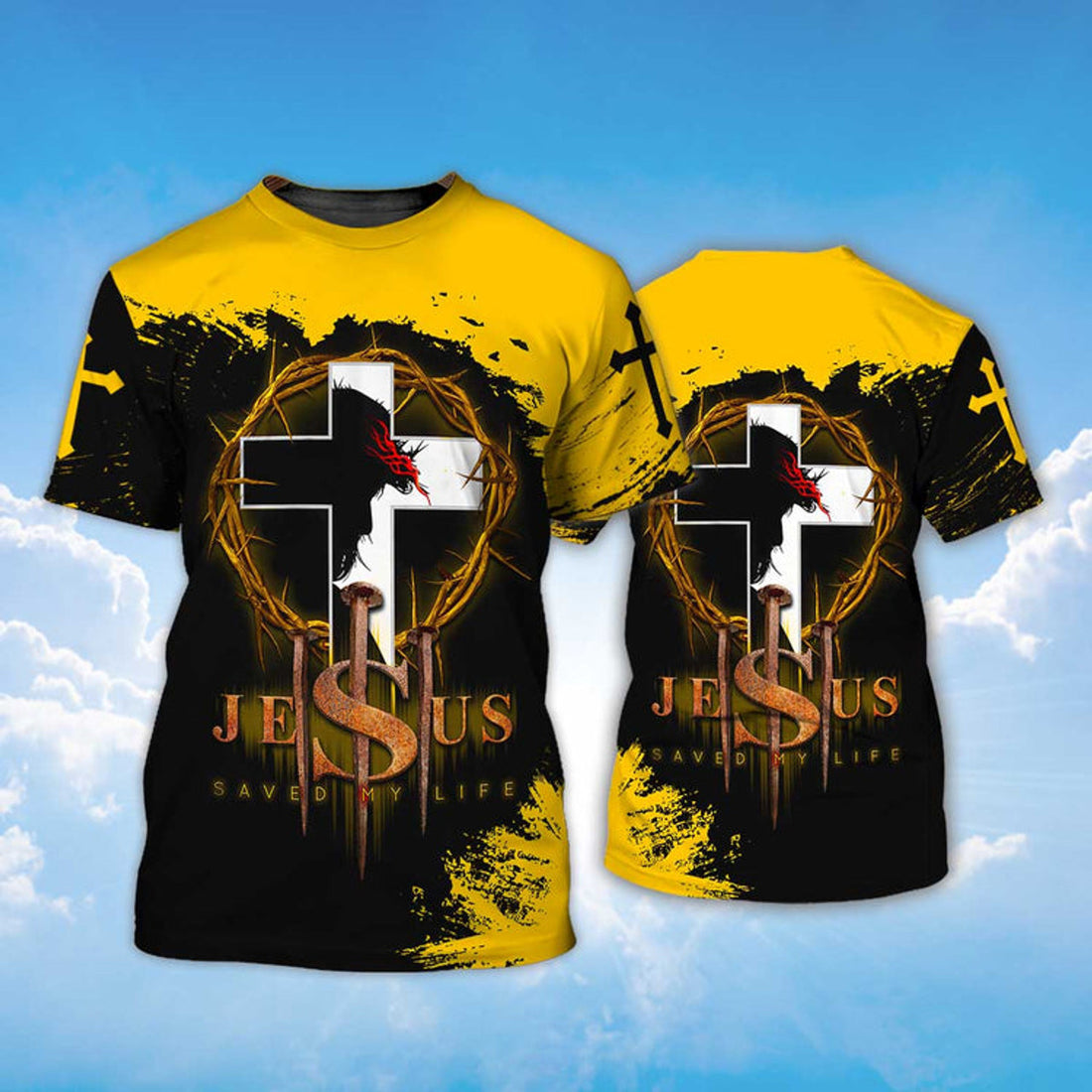 FUNSTUFFPRINT Jesus Christ Saved My Life Shirt Men Women Yellow And Black Color 3D T-shirt