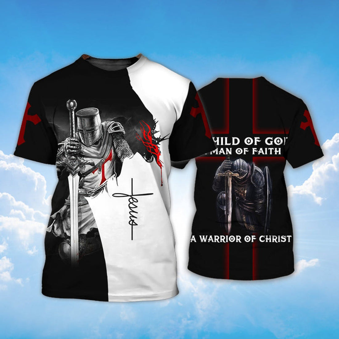 FUNSTUFFPRINT A Child Of God A Man Of Faith Knight Templar Jesus 3D T-shirt