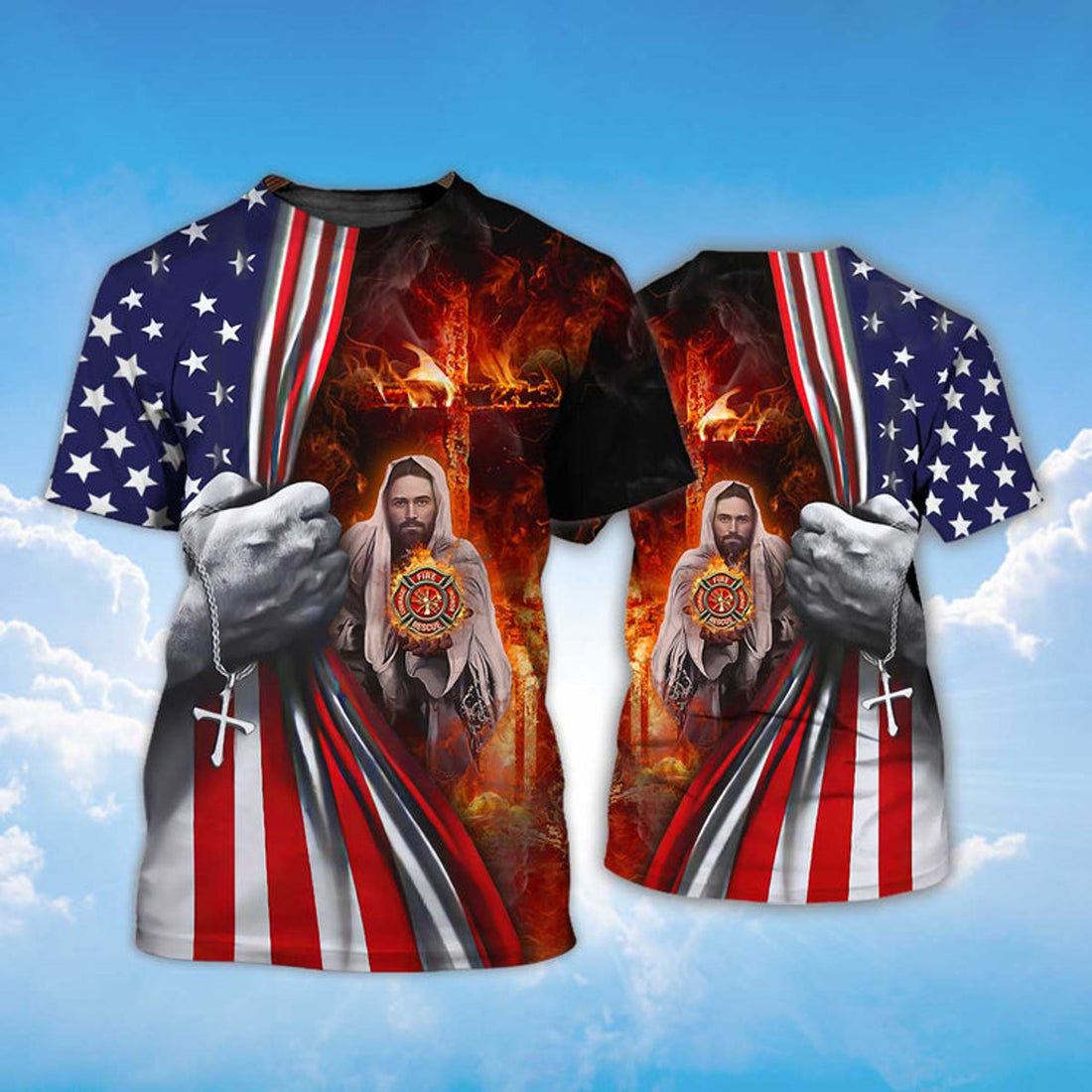 FUNSTUFFPRINT Jesus In The Flames T-Shirt Patriot Gift Memorial 11 September Shirts 3D T-shirt