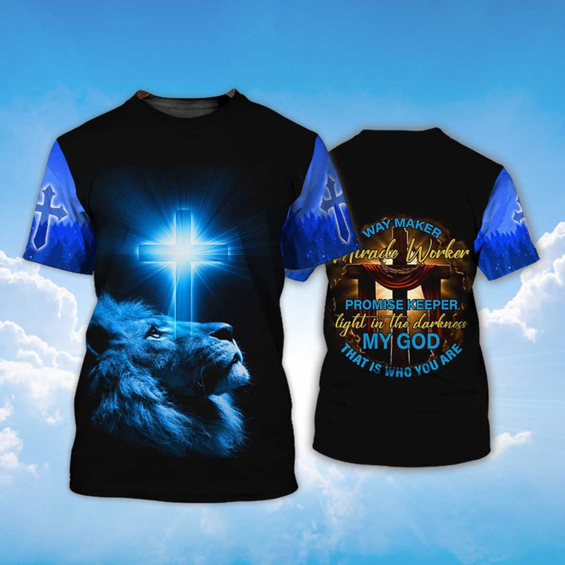 FUNSTUFFPRINT Way Maker Miracle Worker Lion And Light Cross 3D T-shirt