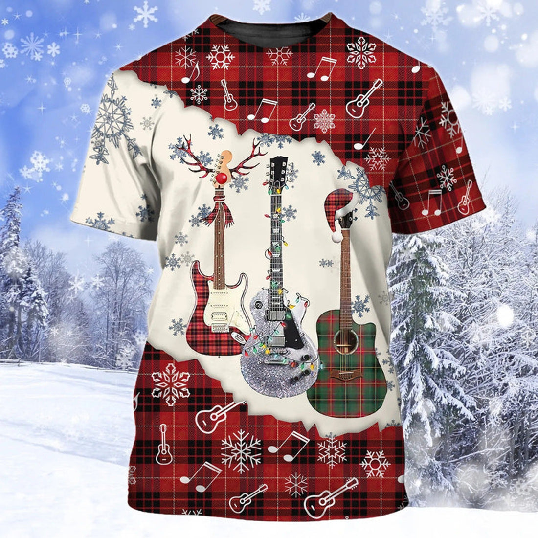 FUNSTUFFPRINT 3D All Over Print Guitar Snow Men Women, Guitar Shirt Sleeve, Christmas Gift For Guitarist 3D T-shirt