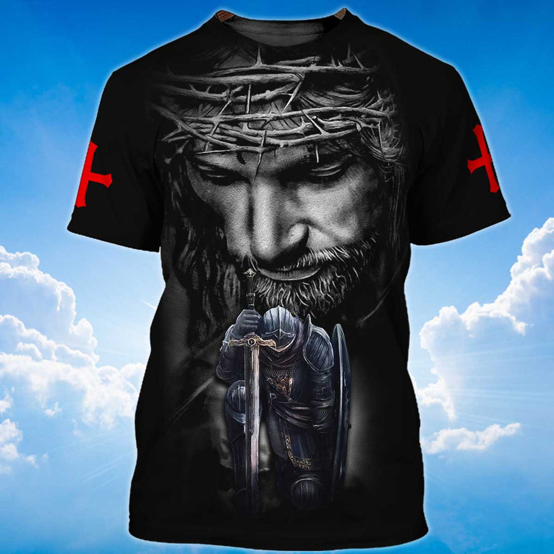 FUNSTUFFPRINT Faith Over Fear Black T-Shirt Knight Jesus T-Shirt Men Women 3D T-shirt