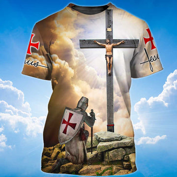 FUNSTUFFPRINT Knight Templar T-Shirt Kneel Before Jesus Shirt Men Women 3D T-shirt