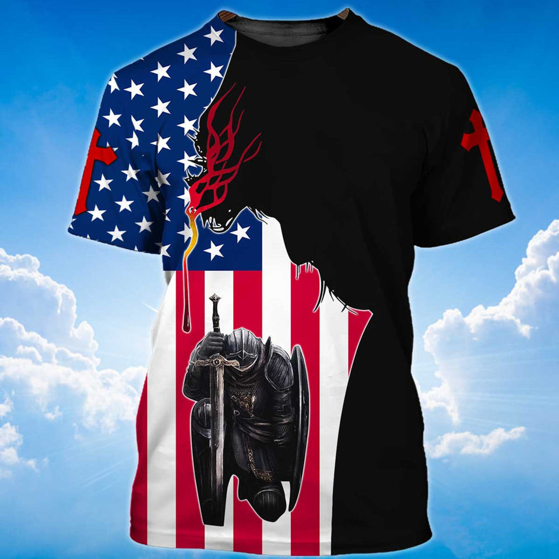 FUNSTUFFPRINT One Nation Under God T-Shirt American Flag Knight Jesus Christian 3D T-shirt
