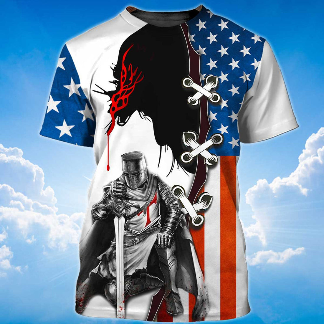 FUNSTUFFPRINT Knight Templar T-Shirt Religious 3D Tee Shirt American Flag Pattern 3D T-shirt