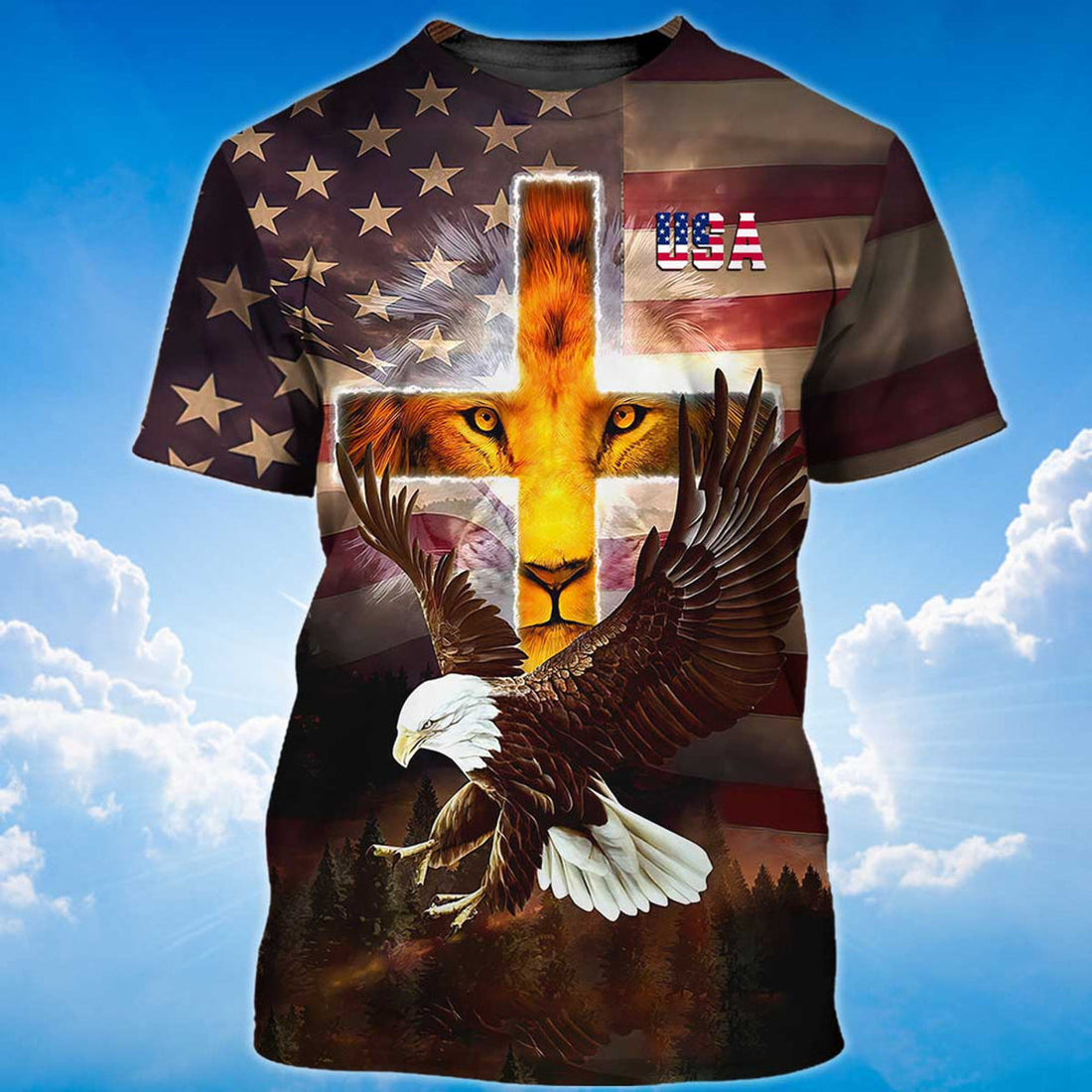 FUNSTUFFPRINT 3D All Over Printed Lion Cross T-Shirt Eagle And Usa Strong Shirt For Patriotic Day 3D T-shirt