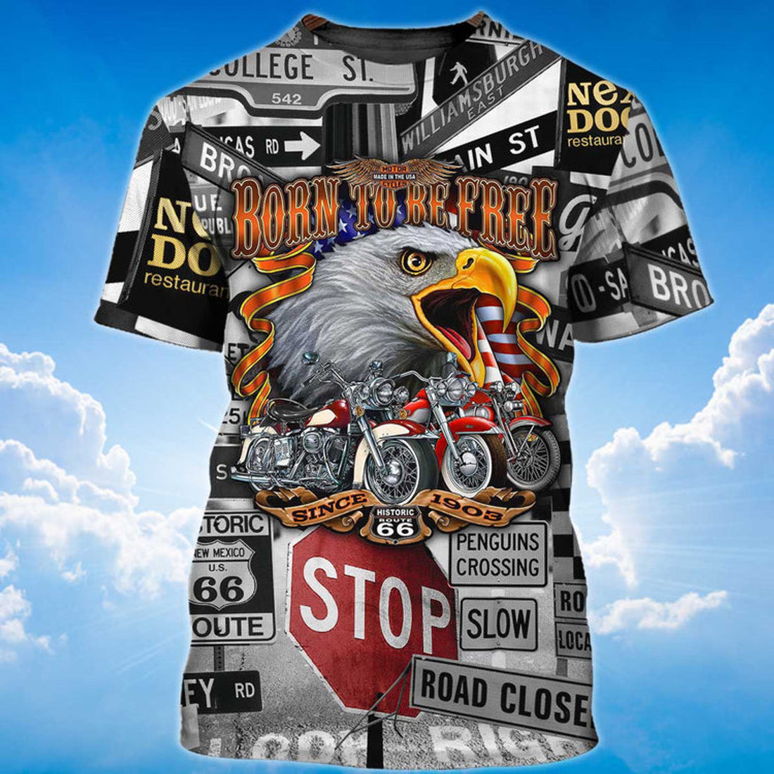 Funny Eagle Lover T-Shirt Born To Be Free Eagle And Bike 3D Unisex Shirt