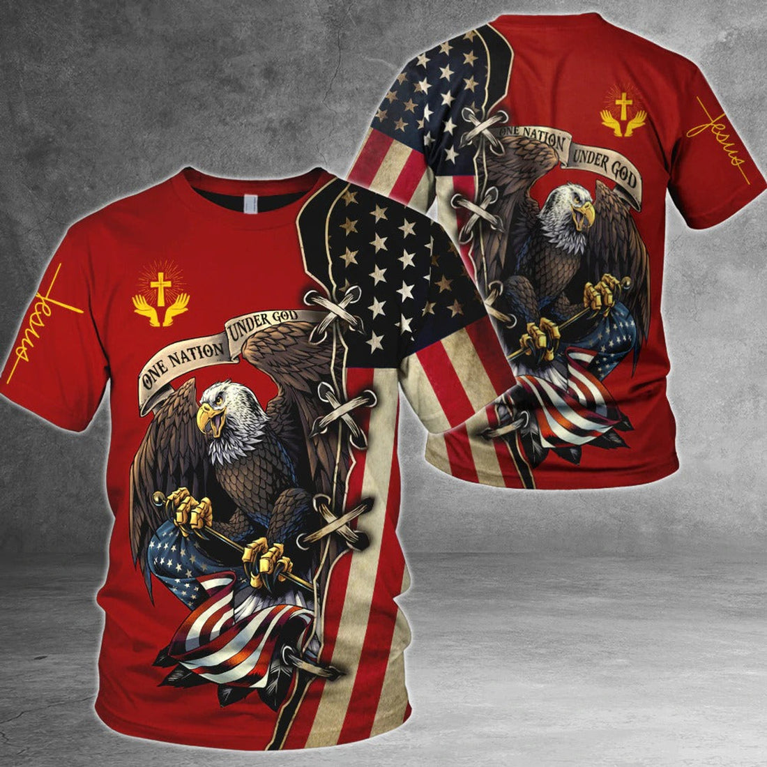 FUNSTUFFPRINT One Nation Under God American Flag Eagle All Over PrinT-Shirt Patriotic 3D Clothing 3D T-shirt