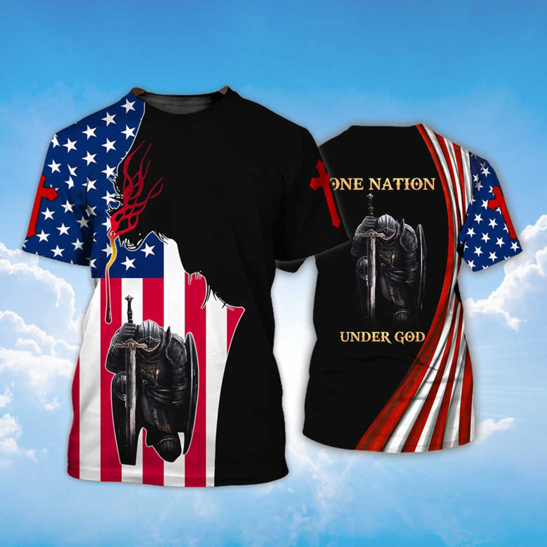FUNSTUFFPRINT One Nation Under God T-Shirt American Flag Knight Jesus Christian 3D T-shirt
