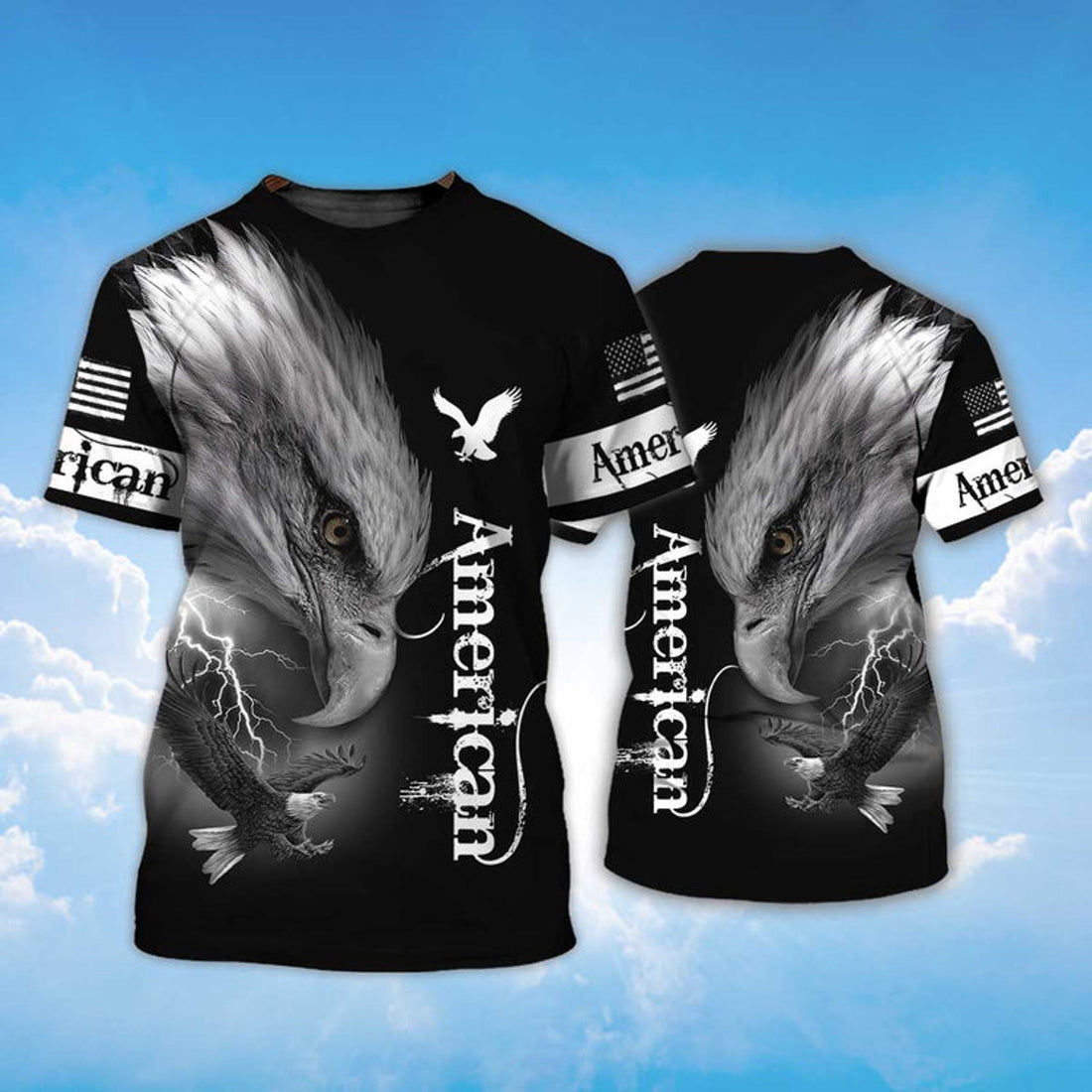 FUNSTUFFPRINT Lightning American Eagle Black T-Shirt Eagle Lover Shirt Men Women 3D T-shirt