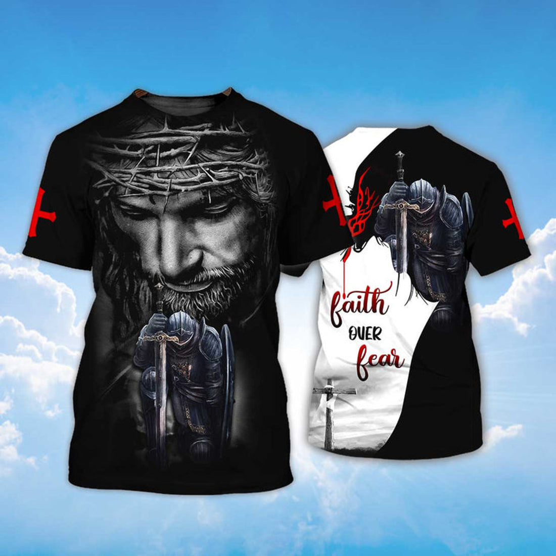FUNSTUFFPRINT Faith Over Fear Black T-Shirt Knight Jesus T-Shirt Men Women 3D T-shirt