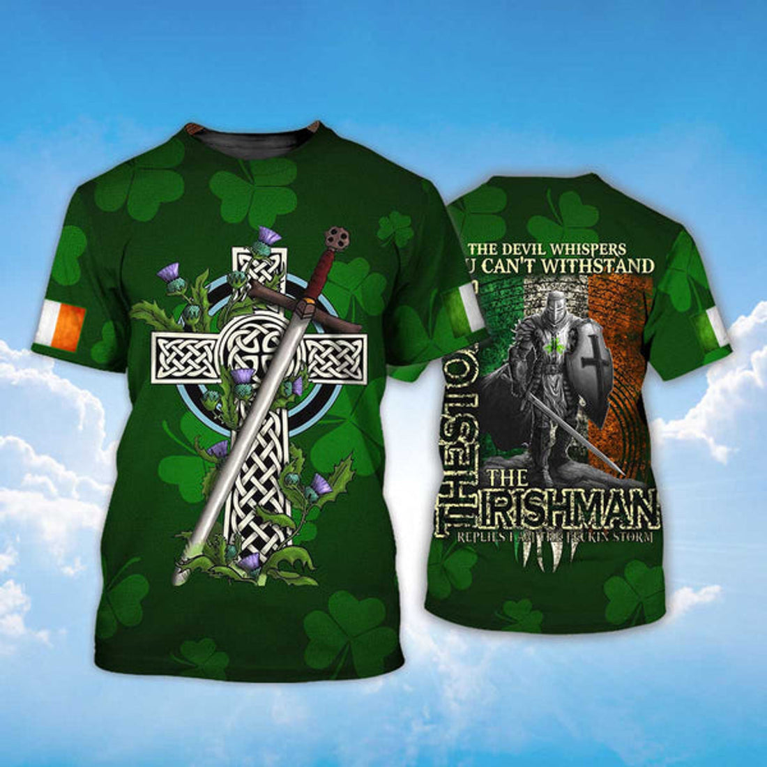 FUNSTUFFPRINT The Storm St Patrick Day for Irish Man Shirt, All Over Printed Armor Of Irish Lucky 3D T-shirt