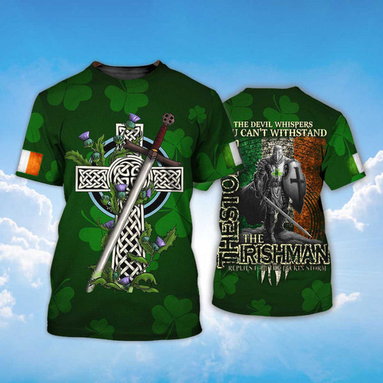 FUNSTUFFPRINT The Storm St Patrick Day for Irish Man Shirt, All Over Printed Armor Of Irish Lucky 3D T-shirt