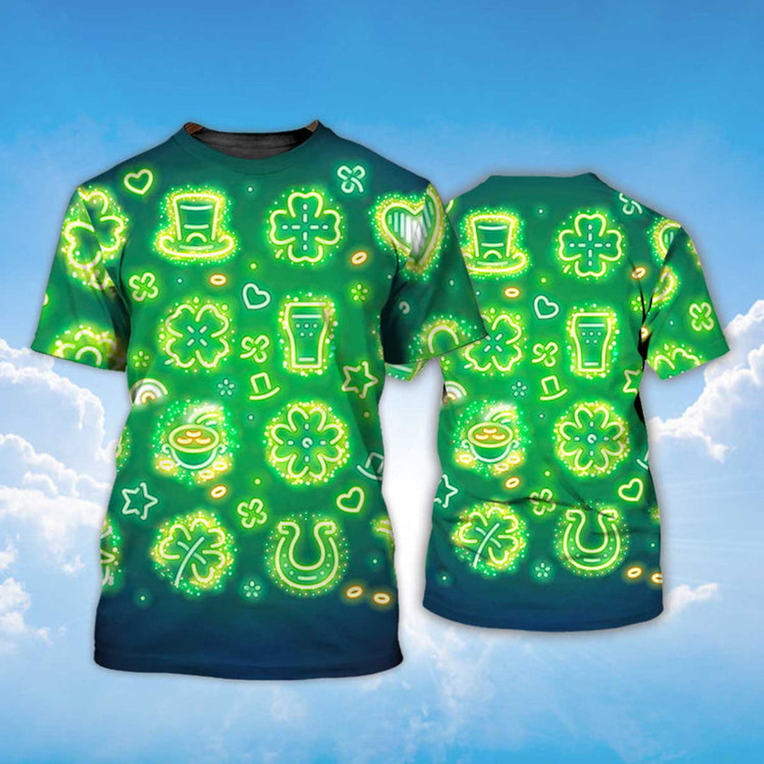 FUNSTUFFPRINT 3D All Over Print Light Glitter Shamrock Drink Beer HaT-Shirt, Happy St Patrick's Day Shirt 3D T-shirt