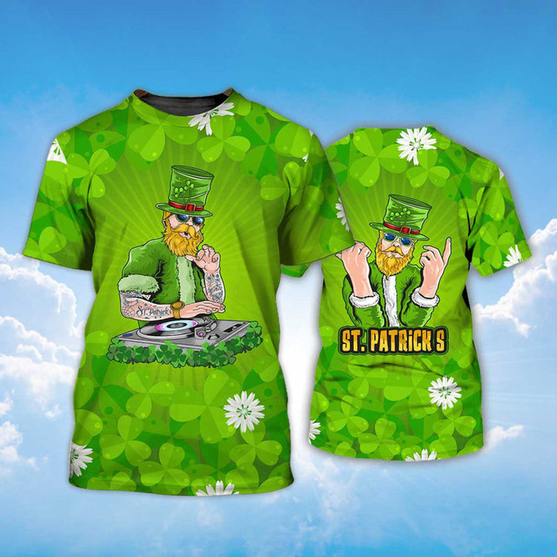 FUNSTUFFPRINT Irish man DJ Funny St Patrick's Day Shirt, All Over Print Shamrock Lucky Shirt 3D T-shirt