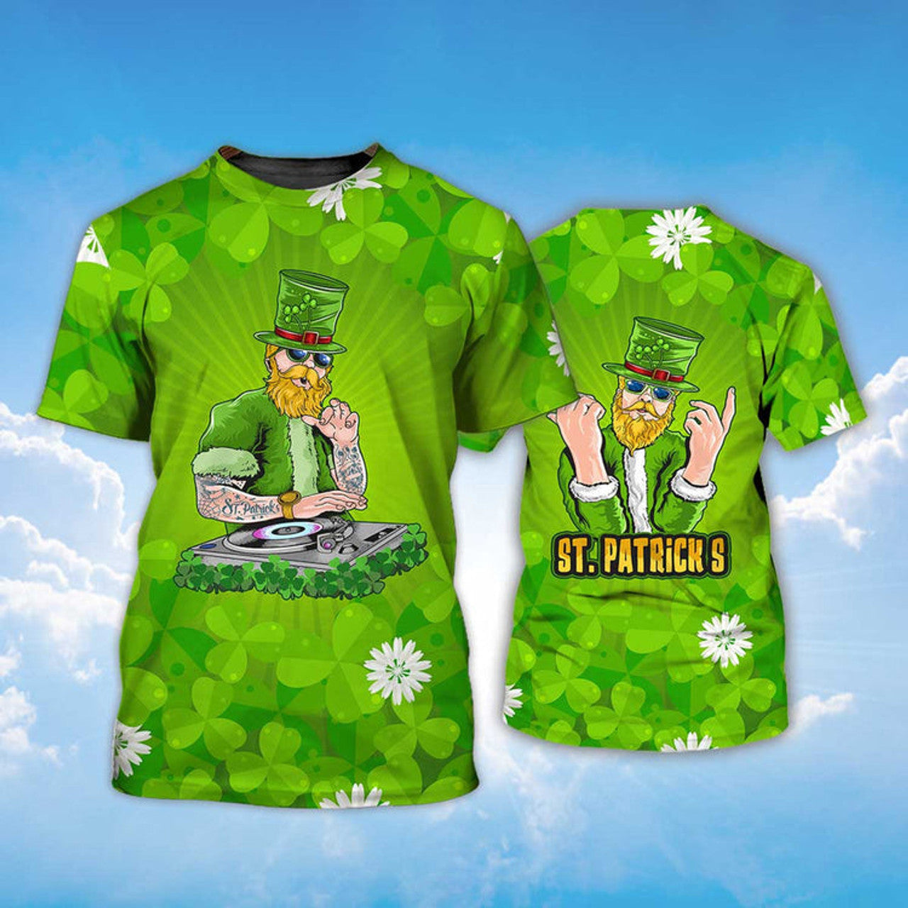 FUNSTUFFPRINT Irish man DJ Funny St Patrick's Day Shirt, All Over Print Shamrock Lucky Shirt 3D T-shirt