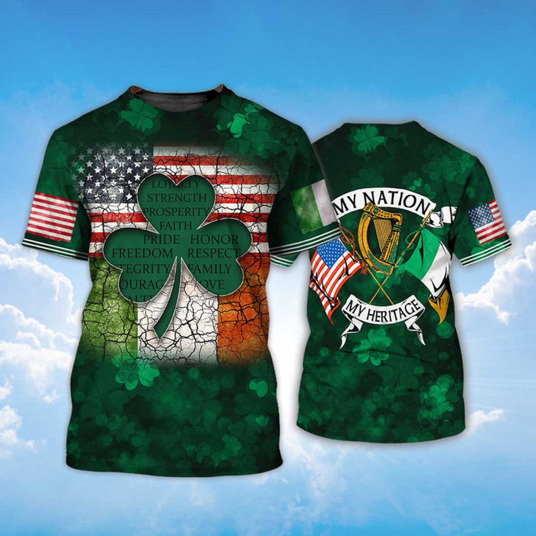 FUNSTUFFPRINT Shamrock Flag American Ireland Irish 3D Shirt, My Nation My Heritage T-Shirt, St Patrick's Day 3D T-shirt