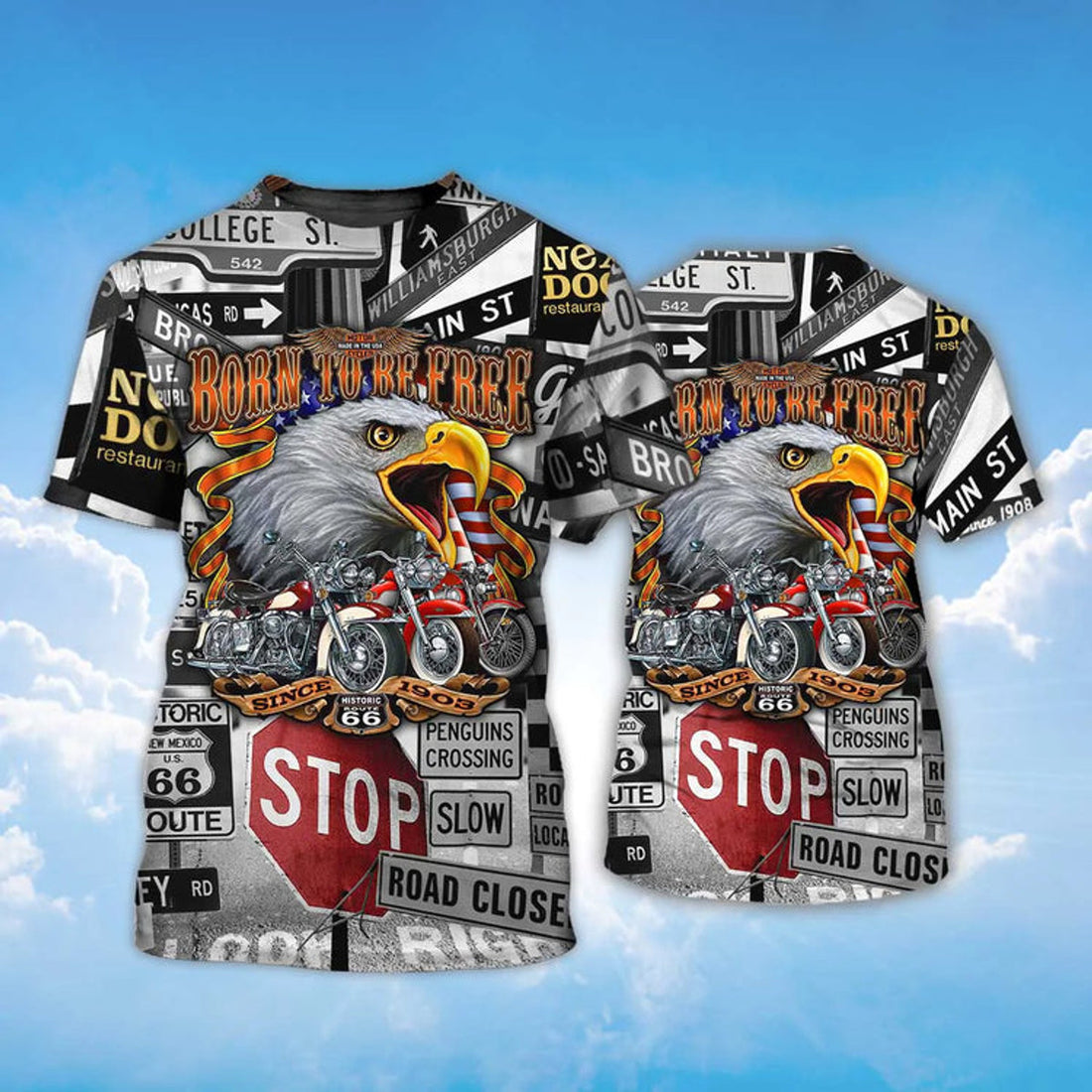 Funny Eagle Lover T-Shirt Born To Be Free Eagle And Bike 3D Unisex Shirt