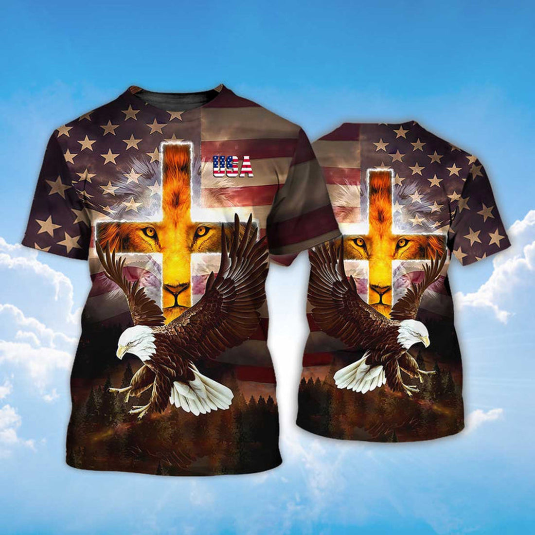 FUNSTUFFPRINT 3D All Over Printed Lion Cross T-Shirt Eagle And Usa Strong Shirt For Patriotic Day 3D T-shirt