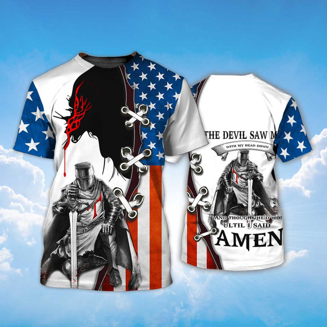 FUNSTUFFPRINT Knight Templar T-Shirt Religious 3D Tee Shirt American Flag Pattern 3D T-shirt