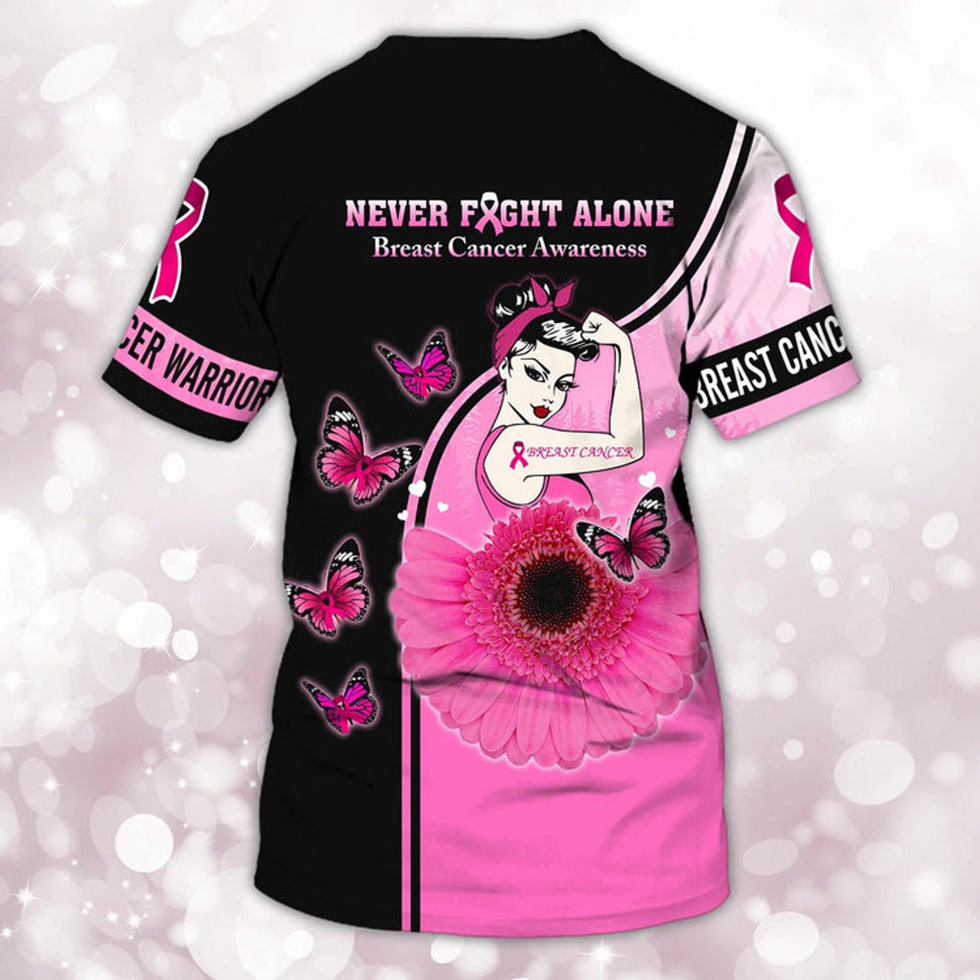 FUNSTUFFPRINT Never Fight Alone 3D Print Breast Cancer Women Shirt, Cancer Survivor Patient Gift For Her 3D T-shirt