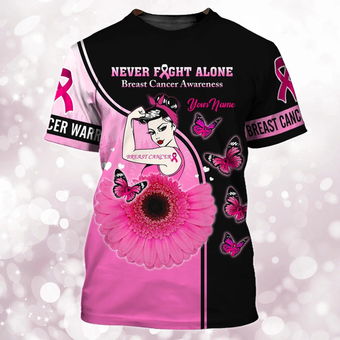 FUNSTUFFPRINT Never Fight Alone 3D Print Breast Cancer Women Shirt, Cancer Survivor Patient Gift For Her 3D T-shirt