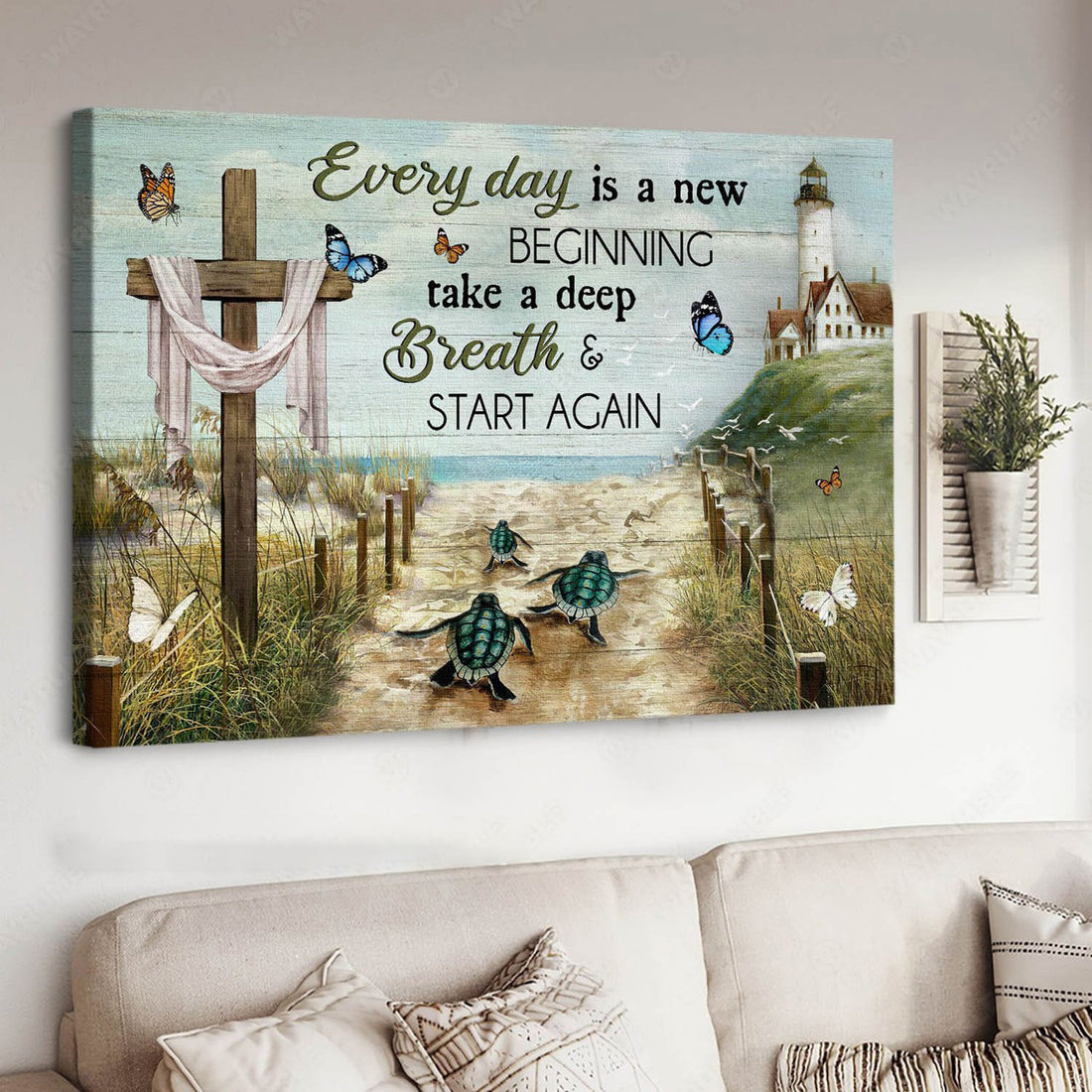 Turtle Poster, God Cross, Butterfly Lover, Every Day Is A New Beginning Take A Deep Breath And Start Again Poster and Canvas