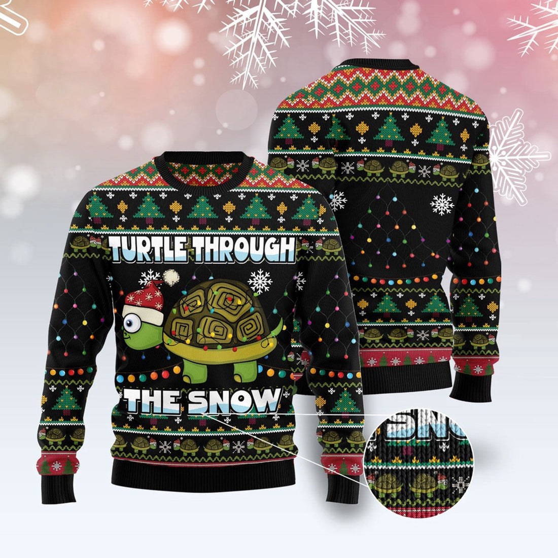 FUNSTUFFPRINT Turtle Through The Snow Ugly Christmas Sweater, Christmas Sweater, Ugly Sweater, Funny Xmas Sweaters Ugly Sweater