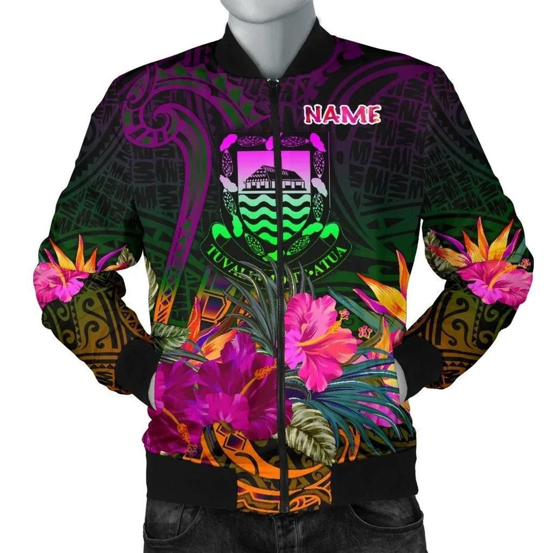 FUNSTUFFPRINT Tuvalu Personalised Men's Bomber Jacket - Summer Hibiscus - 3D Bomber Jacket