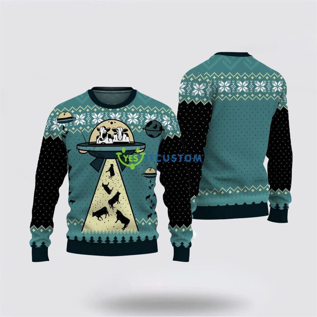 FUNSTUFFPRINT UFO ALien Cow Abduction Ugly Christmas Sweater – Christmas Gifts For Frends Ugly  Sweater