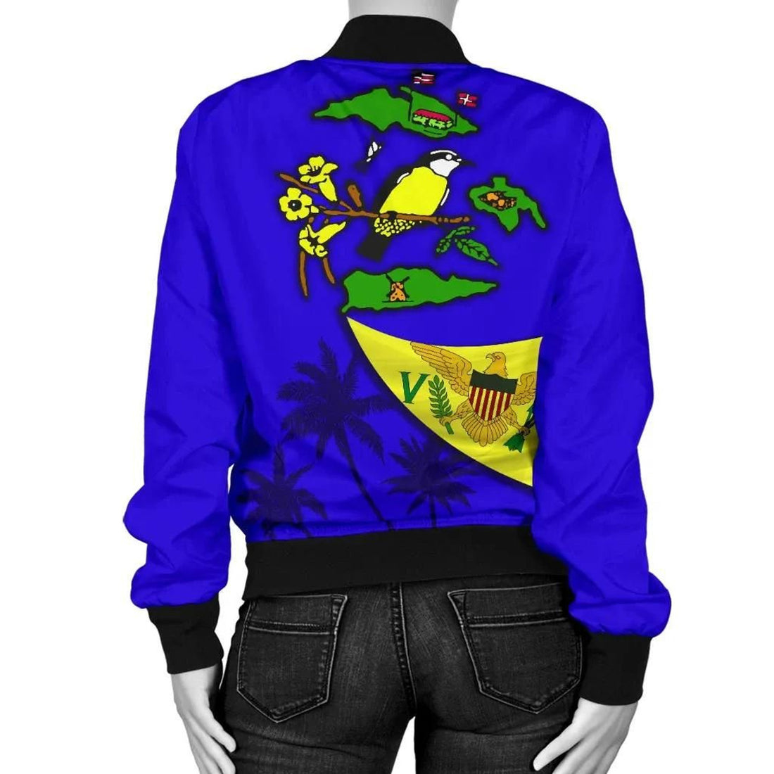 FUNSTUFFPRINT US Virgin Islands Women Bomber Jacket Tank Flag Over Ocean 3D Bomber Jacket