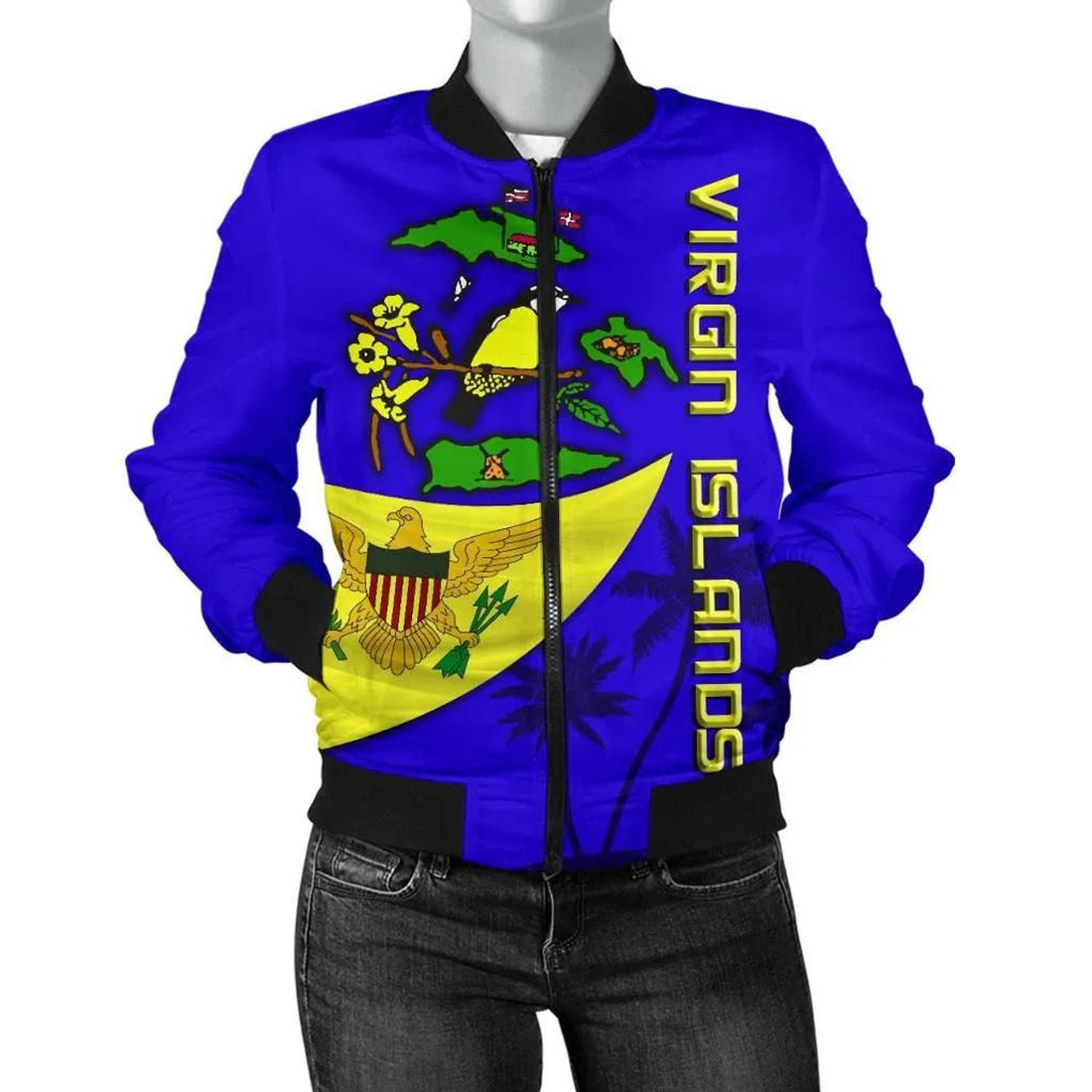 FUNSTUFFPRINT US Virgin Islands Women Bomber Jacket Tank Flag Over Ocean 3D Bomber Jacket