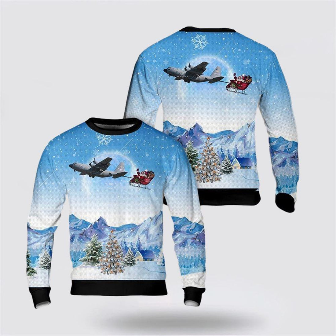 FUNSTUFFPRINT US Air Force Lockheed C-130H Hercules Christmas AOP Ugly Sweater - Christmas Gift For Military Personnel Ugly Sweater