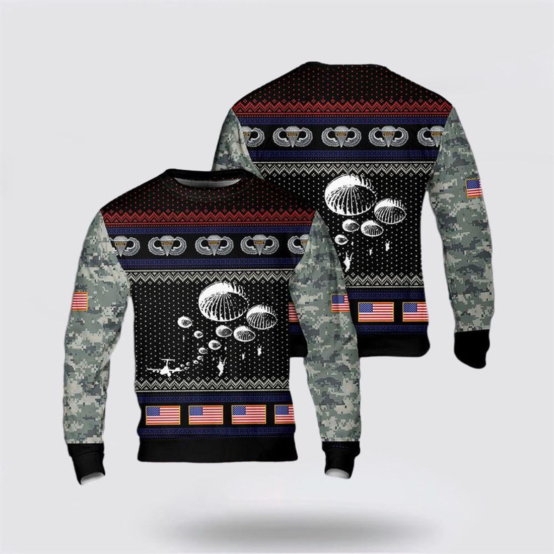 FUNSTUFFPRINT US Army Airborne Paratrooper Christmas AOP Sweater, Christmas Gift For Military Personnel Ugly  Sweater