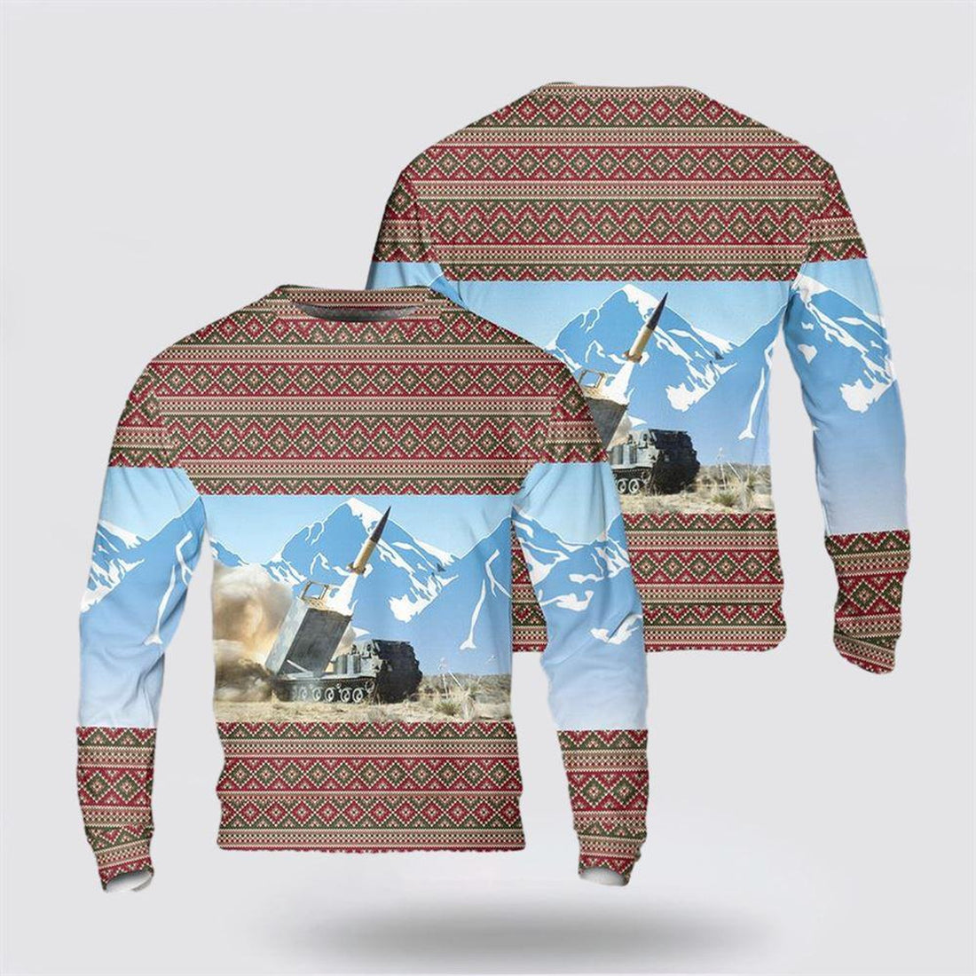 FUNSTUFFPRINT US Army M270 MLRS Christmas Sweater, Christmas Gift For Military Personnel Ugly  Sweater