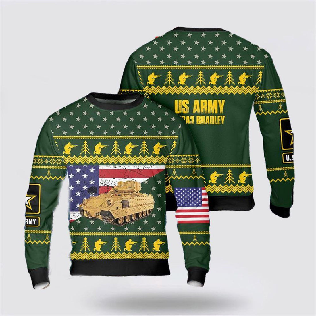 FUNSTUFFPRINT US Army M2A3 Bradley Christmas Ugly Sweater 3D, Christmas Gift For Military Personnel Ugly Sweater