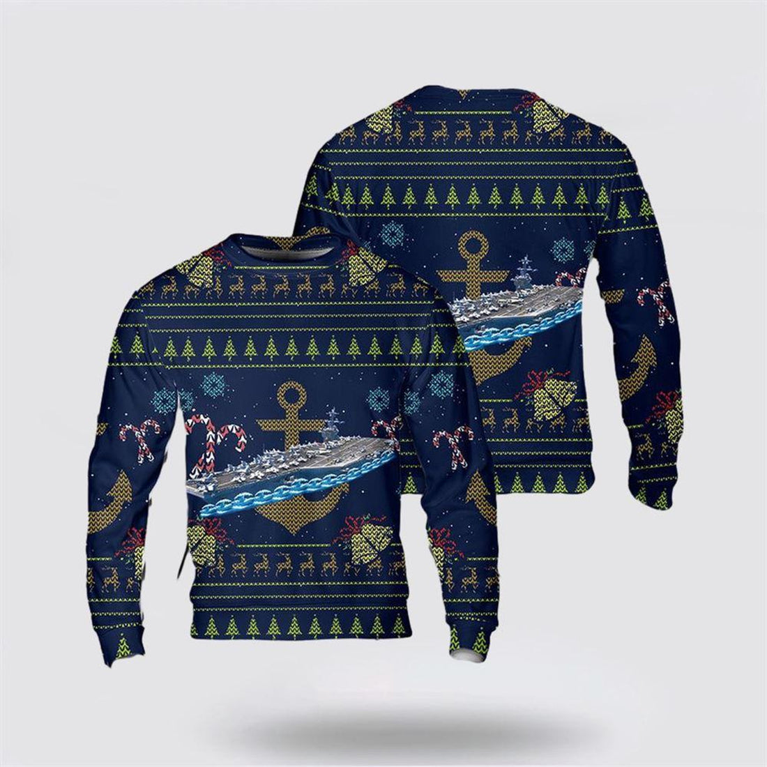 FUNSTUFFPRINT US Navy USS Carl Vinson Christmas AOP Sweater – Unique Christmas Sweater Gift For Military Personnel Ugly  Sweater
