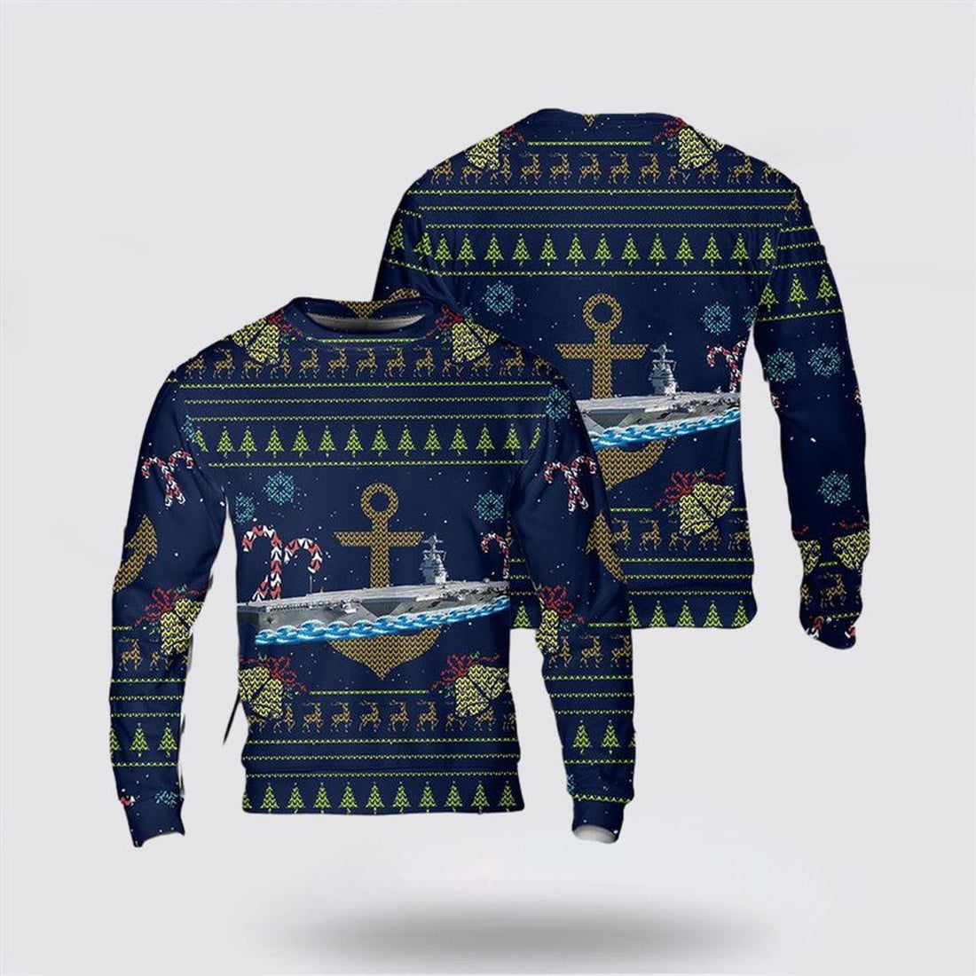 FUNSTUFFPRINT US Navy USS Gerald R. Ford Christmas AOP Sweater – Unique Christmas Sweater Gift For Military Personnel Ugly  Sweater