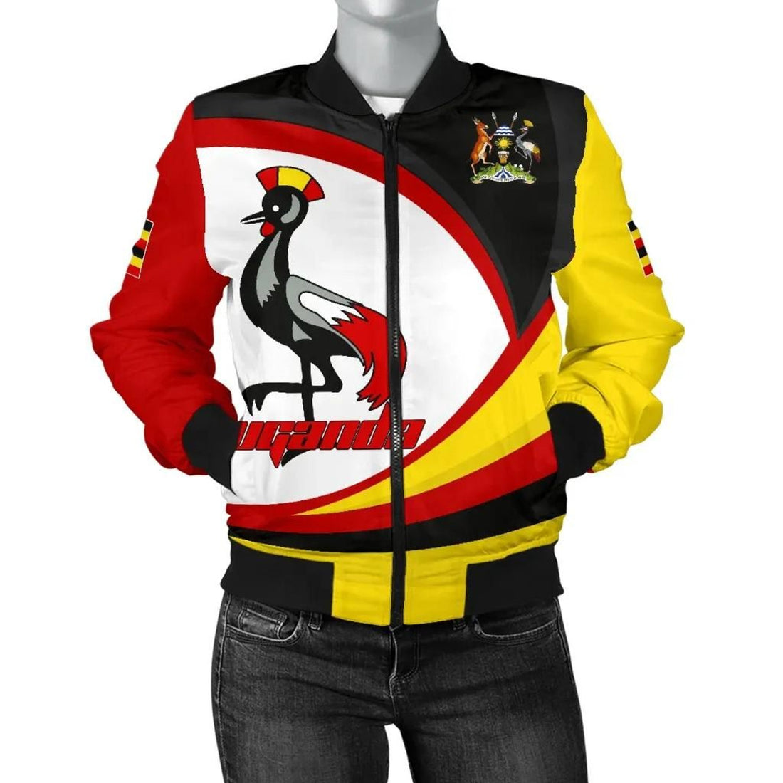 FUNSTUFFPRINT Uganda Bomber Jacket, Uganda Strong Flag Women 3D Bomber Jacket