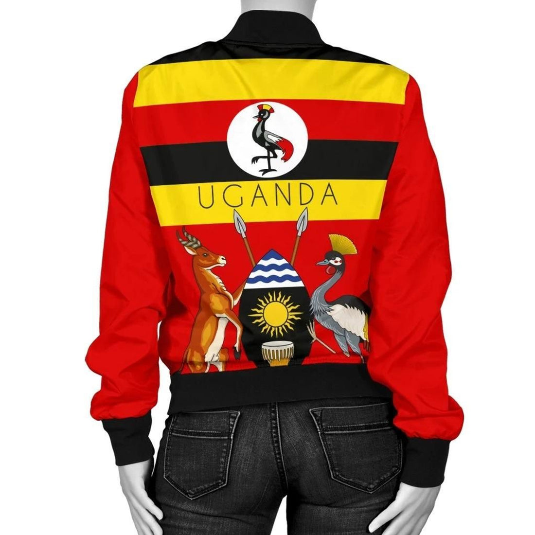 FUNSTUFFPRINT Uganda Pride Women's Bomber Jacket - Uganda Flag with Grey Crowned Crane - 3D Bomber Jacket