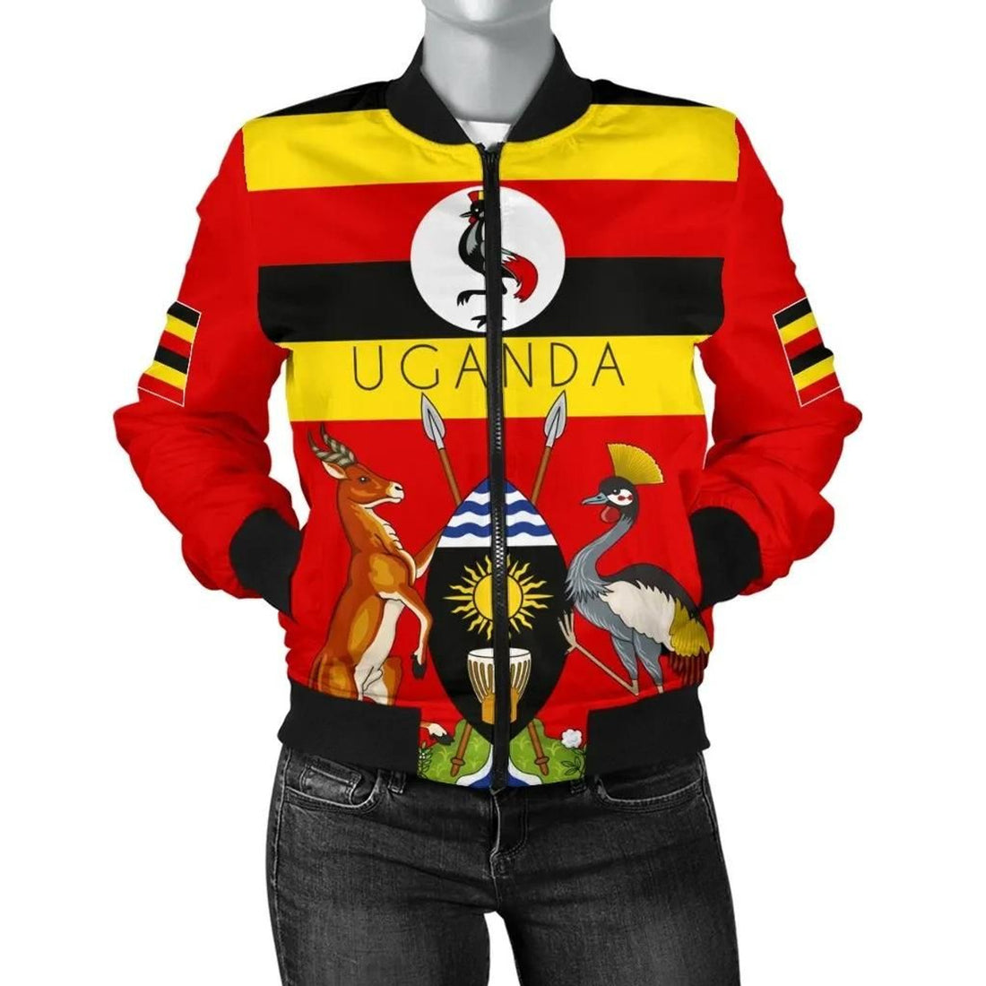 FUNSTUFFPRINT Uganda Pride Women's Bomber Jacket - Uganda Flag with Grey Crowned Crane - 3D Bomber Jacket