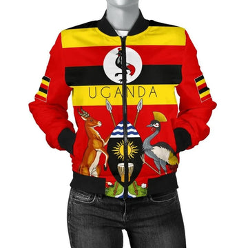 FUNSTUFFPRINT Uganda Pride Women's Bomber Jacket - Uganda Flag with Grey Crowned Crane - 3D Bomber Jacket