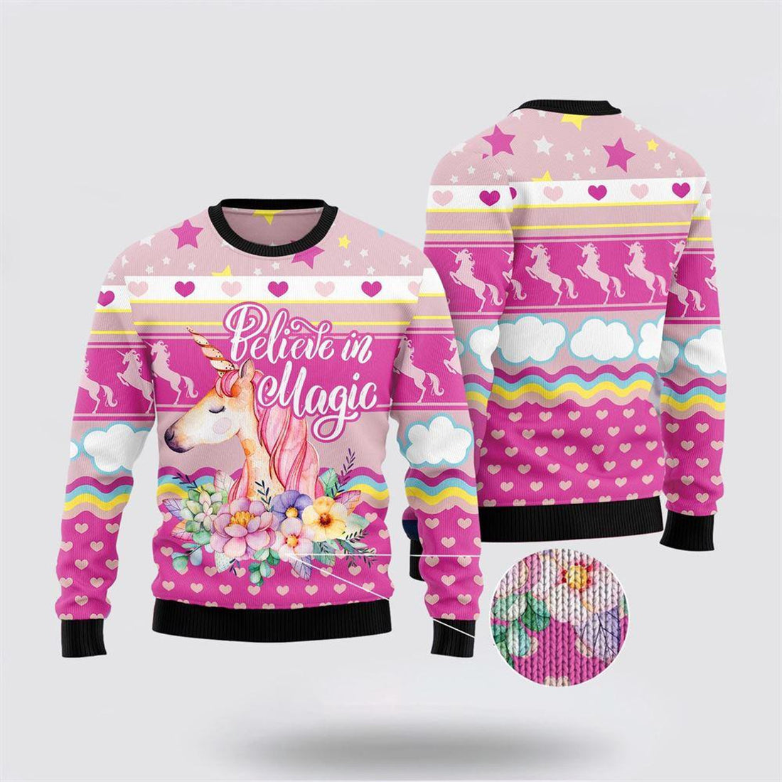 FUNSTUFFPRINT Unicorn Believe In Magic Ugly Christmas Sweater – Best Gift For Christmas Ugly  Sweater