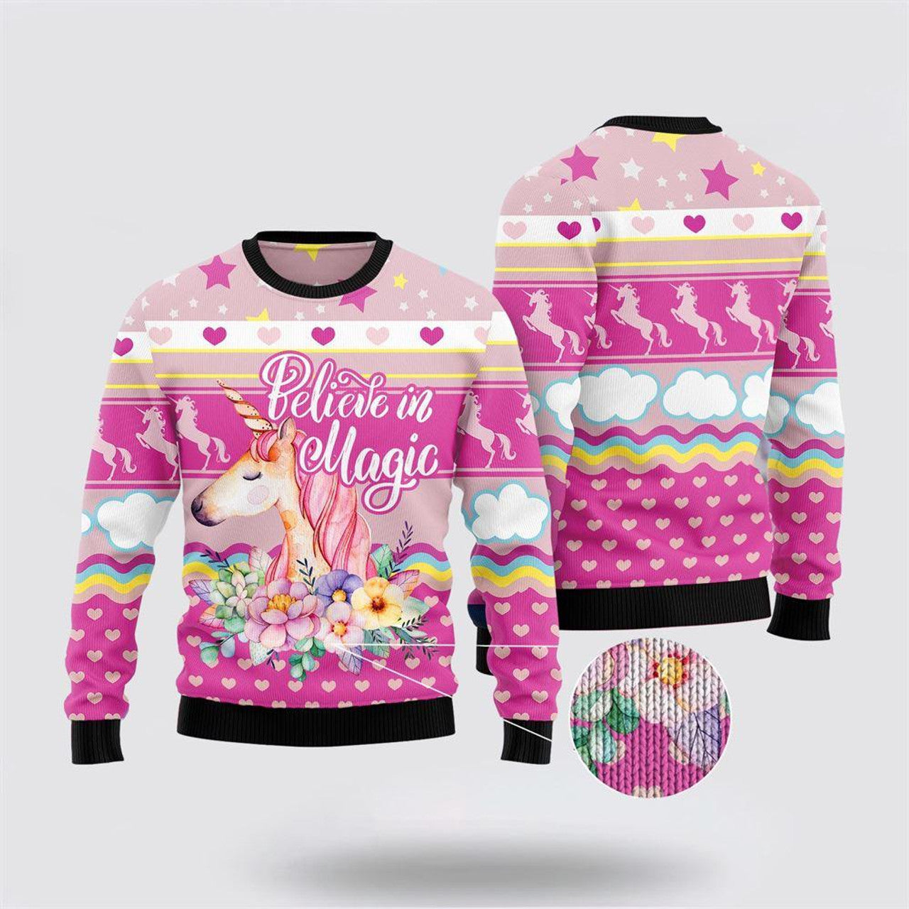 FUNSTUFFPRINT Unicorn Believe In Magic Ugly Christmas Sweater – Best Gift For Christmas Ugly  Sweater