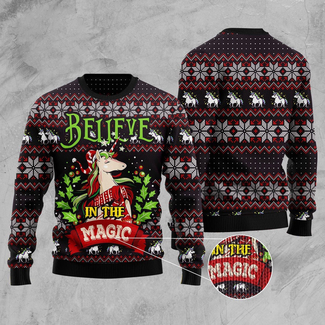 FUNSTUFFPRINT Unicorn Believe In The Magic Ugly Christmas Sweater, Christmas Sweater, Ugly Sweater, Funny Xmas Sweaters Ugly Sweater