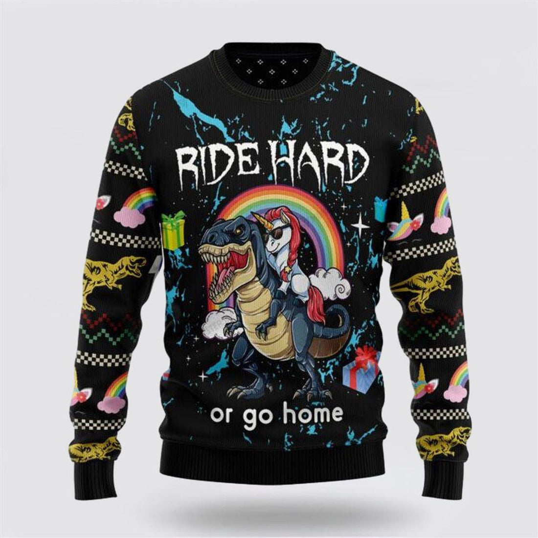 FUNSTUFFPRINT Unicorn Dinosaur Unicorn Ride Hard Ugly Christmas Sweater – Christmas Gift For Frends Ugly  Sweater