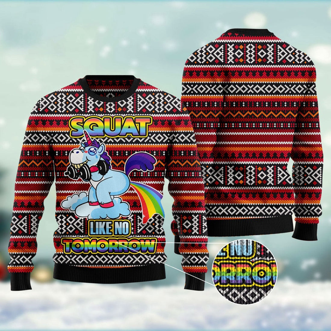 FUNSTUFFPRINT Unicorn Squat Like No Tomorrow Ugly Christmas Sweater, Christmas Sweater, Ugly Sweater, Funny Xmas Sweaters Ugly Sweater